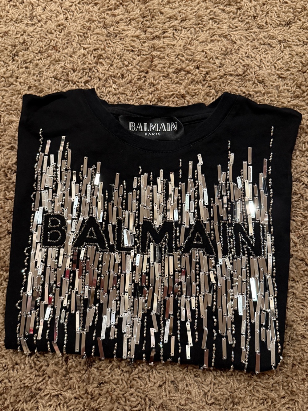 Balmain Black Tee with Silver Sequin Cascades size L - Picture 2 of 7